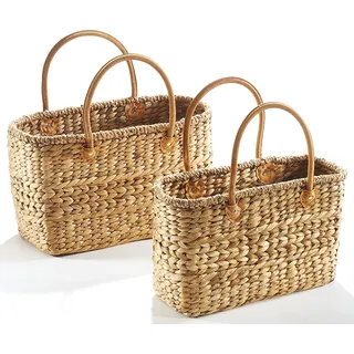 Kobolo Taschen-Set 2 Größen Korbtaschen geflochten aus Wasserhyazinthe - Lederhenkel Tasche Tragekorb Griff Tragetasche Picknick Shopper - Braun