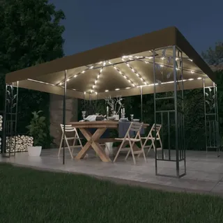 The Living Store Pavillon mit Doppeldach & LED-Lichterkette 3x4 m Taupe - Taupe