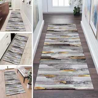 QQrunner Läufer Teppich Lang Flur rutschfest Waschbar Grau Lila 60x110cm Meterware Küchenteppich Abstrakt Schlafzimmer Korridor Teppichläufer Lang, Anpassbare Größe, 60-120cm Breit