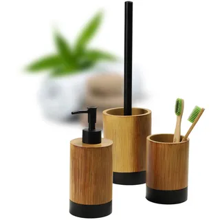 KADAX Badezimmerset, Seifenspender, Zahnputzbecher und WC-Bürste, Badezubehör aus robustem Polyresin, Badausstattung-Set in Holzoptik, Badezimmerzubehör (Holz-Schwarz)
