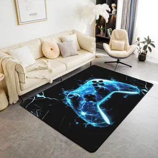 Loussiesd Videospiele Teppich 100x150cm Teen Gamepad Wohnzimmerteppich Game Enthusiast Modern Teppich Jungen Balkon Wohnzimmer Rot Küchenteppich 3D Gedruckt Blitz Teppich Blau Outdoor Teppich Gamer
