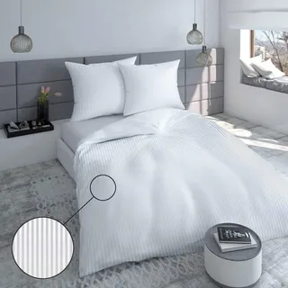 Damast Bettwäsche 220×200 weiße Streifen 1cm