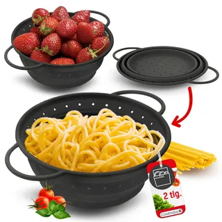 Coolinato – Silikonsieb faltbar 2er Set 20 & 24cm Grau – Nudelsieb zum abseihen - Küchensieb spülmaschinenfest, BPA-frei, & hitzebeständig bis 230°C - Platzsparendes Abtropfsieb zusammenklappbar