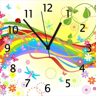 Wallario Design Wanduhr Regenbogen im Sommer - Bienchen und Blümchen aus Echtglas, Größe 30 x 30 cm - Weiß