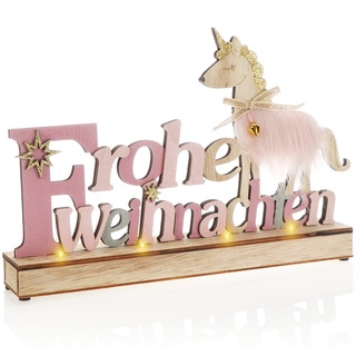 com-four® LED Deko Aufsteller aus Holz - beleuchteter Schriftzug auf Holzsockel - Deko-Schriftzug zum Hinstellen für Weihnachten - Stimmungslicht mit Timer (rosa + Einhorn)