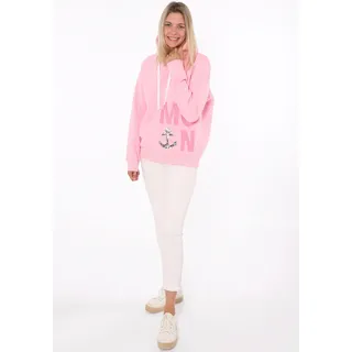 Hoodie ZWILLINGSHERZ "Moin", Damen, Gr. SM (S/M), rosa, angeraute Sweatware, Obermaterial: 50% Baumwolle, 50% Polyester, comfort fit hüftlang, V-Ausschnitt, Sweatshirts Hoodie, mit Paillettenanker und gesticktem Schriftzug