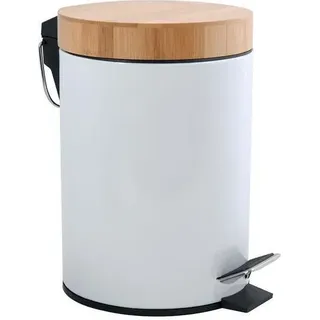 MSV Kosmetikeimer 3 Liter Edelstahl Bambus mit Absenkautomatik und Inneneimer Aza Badezimmer Mülleimer Softclose Abfalleimer Weiß - Weiß