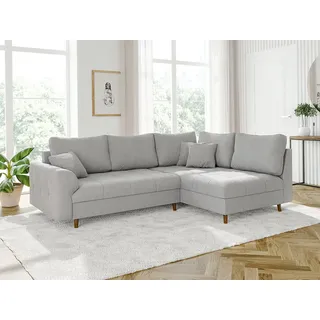 s-style möbel - Ecksofa mit Braun Holzfüßen im skandinavischen Stil aus Hellgrau Cord-Stoff, Ottomane rechts - Hellgrau