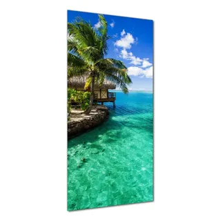 Wallario selbstklebende Duschrückwand 70 x 180 cm mit Motiv Karibisches Meer Einsame Hütte unter Palmen - Wandverkleidung mit Hochglanzlaminat in Glasoptik