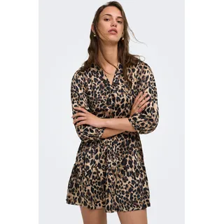 Tunikakleid ONLY "ONLALENA 3/4 MINI DRESS WVN", Damen, Gr. L, N-Gr, braun (pumice stone aop:schwarz leo), Web, Obermaterial: 100% Polyester, bedruckt, regular fit kurz, V-Ausschnitt, Kleider Tunikakleid, Polyester, regular fit
