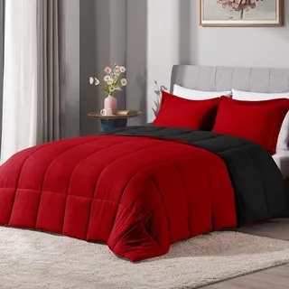 LOVTEX Bettbezug-Set aus gewaschener Mikrofaser, für Queenbett, wendbar, Rot/Schwarz, 3-teiliges Set