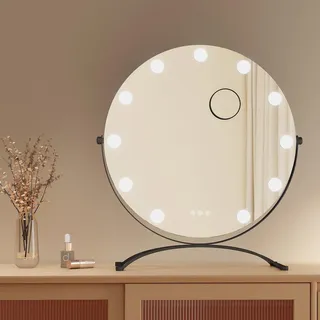 EMKE Kosmetikspiegel Hollywood 58X50cm Rund Schminkspiegel mit LED Beleuchtung und Vergrößerung 7x, 3 Lichtfarben Dimmbar, Schwarz - Schwarz
