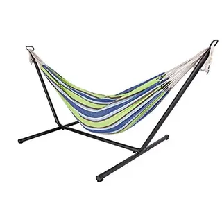 Outdoor Doppel Hängematte mit Gestell 285 x 120 x 110 cm - grün blau - Stabhängemate für 2 Personen - bis 150 Kg belastbar