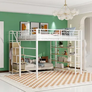 Hochbett 140 x 200 cm, mit Sicherheitstreppe, Stauraum und kleinem Kleiderschrank, Regalen, hohem Zaun, Einzelbett, Jugendbett, weiß - Weiß