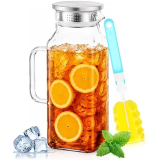 Glaskaraffe 2 Liter, Wasserkaraffe mit Deckel,Karaffe Glas für Kühlschranktür, Wasserkrug Quadratischer für Milch DIY Getränke Kaltes Heißes Wasser Eistee Wein Saft Tee (Quadratischer Topf)