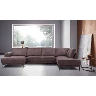 OTTO home Wohnlandschaft »XXL Sofa Oland, Struktur, Flachgewebe, Luxus-Microfaser, Boucle« U-Form, 345 cm, Wellenunterfederung, Skandi-Design, Metallfüße, braun