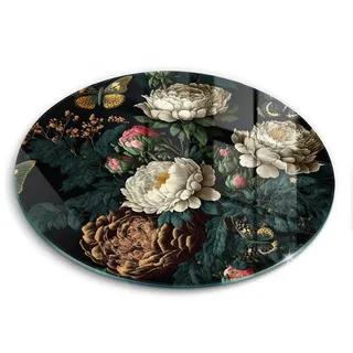 Wallfluent Glasplatte Ø 30 cm Vintage Pfingstrosen Blumen , Schwarz , Glas , Rund , 30x30 cm , Küchenzubehör, Schneidebretter