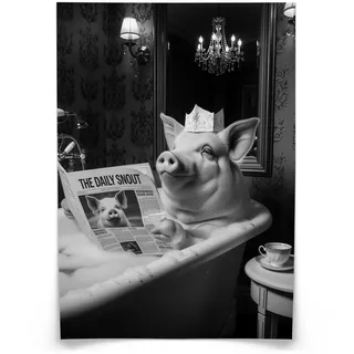 Muralo Poster für Badezimmer WC Schwein in Badewanne Zeitung Abstraktion 20x30cm , Weiß, Grau, Schwarz , Papier , Tiere, Abstrakt , Rechteckig , 20x30x1 cm , Bilder & Rahmen, Bilder, Sonstige Wandbilder