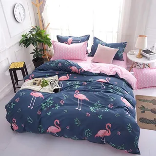 Homewish Flamingo Bettbezug 155x220 Rosa Flamingo Bettwäsche Süßes Tier Blumen Flamingos Bettwäsche-Set für Jungen Mädchen Kinder Frauen Weiche Mikrofaser Wende Bettbezug mit 1 Kissenbezug, Blau