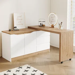 MODFU Schreibtisch mit Rollen 120x50 cm, Eckschreibtisch L-Förmig, drehbarer Klapptisch mit 2 Türen und 3 Schubladen, Schminktisch, Sideboard-Funktion, Weiß+Eiche - Weiß