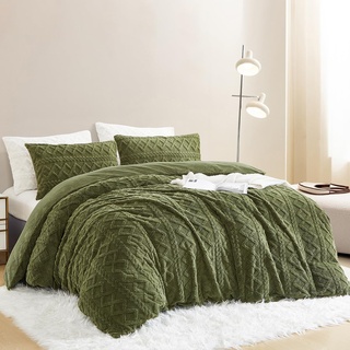 Nayoroom Bettwäsche Flanell 135x200 Winter Warme Biber Bettbezug Flauschig Fleece Cashmere Touch Plüsch Winterbettwäsche Set mit Reißverschluss - 135 x 200 + 80 x 80 cm Olivgrün