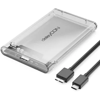 deleyCON SSD Festplattengehäuse USB C (5Gbps USB 3.1) für 2,5“ Zoll SATA 3 SSD / HDD / 7 mm bis 9,5 mm SATA III Festplatten Externes Gehäuse UASP [Transparent]