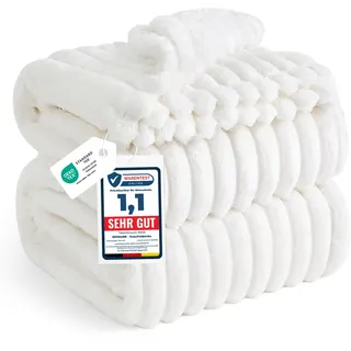 BEDSURE kuscheldecke 220x240 für Zimmer Deko - Tagesdecke, Wolldecke & Fleecedecke, Sofadecke, Weiche Warme Grobe Korddecke für Couch, Wohn- & Kuscheldecken, XXL Große Decke, Wollweiß, 220 x 240 cm