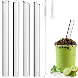 4 Stück Bubble Tea Strohhalme, 14mm Boba Glas Strohhalm, Wiederverwendbare Glastrinkhalm mit 2 Reinigungsbürste, Breite Glasstrohhalme, Dicke Glas Strohhalme für Smoothie Cocktail Tapioca Pearls Tea