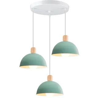 iDEGU Hängeleuchte, 3 Stück, modern, 20 cm, Kronleuchter, Retro, skandinavischer Stil, Deckenleuchte, Lampenschirm aus Holz, Metall, E27, Deckenleuchte, für Schlafzimmer, Esszimmer, Küche (rund, grün)