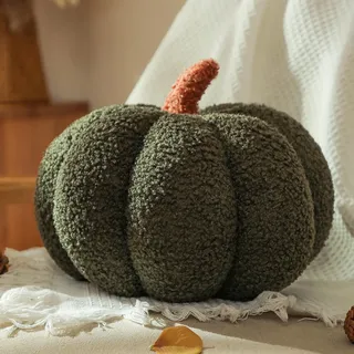 Yhoelata Halloween Kürbis Kissen, Kissen Kürbisform Grün Dekokissen, Herbst Zierkissen Aesthetic Sofakissen Teddysamt Pumpkin Pillow, Bett DekoKissen Runden für Kind Schlafzimmer, Geschenk 30 cm