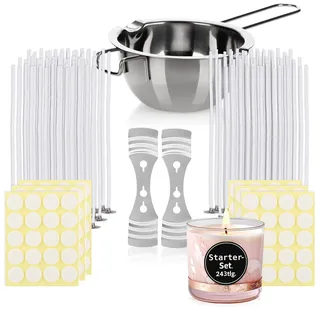com-four® Kerzenherstellungsset für 120 Kerzen, Zubehör-Set für die Kerzenproduktion - Kerzendochte, Schmelztopf, Dochthalter und Dochtaufkleber für die Kerzenmanufaktur (243 Teile - Starter Set)