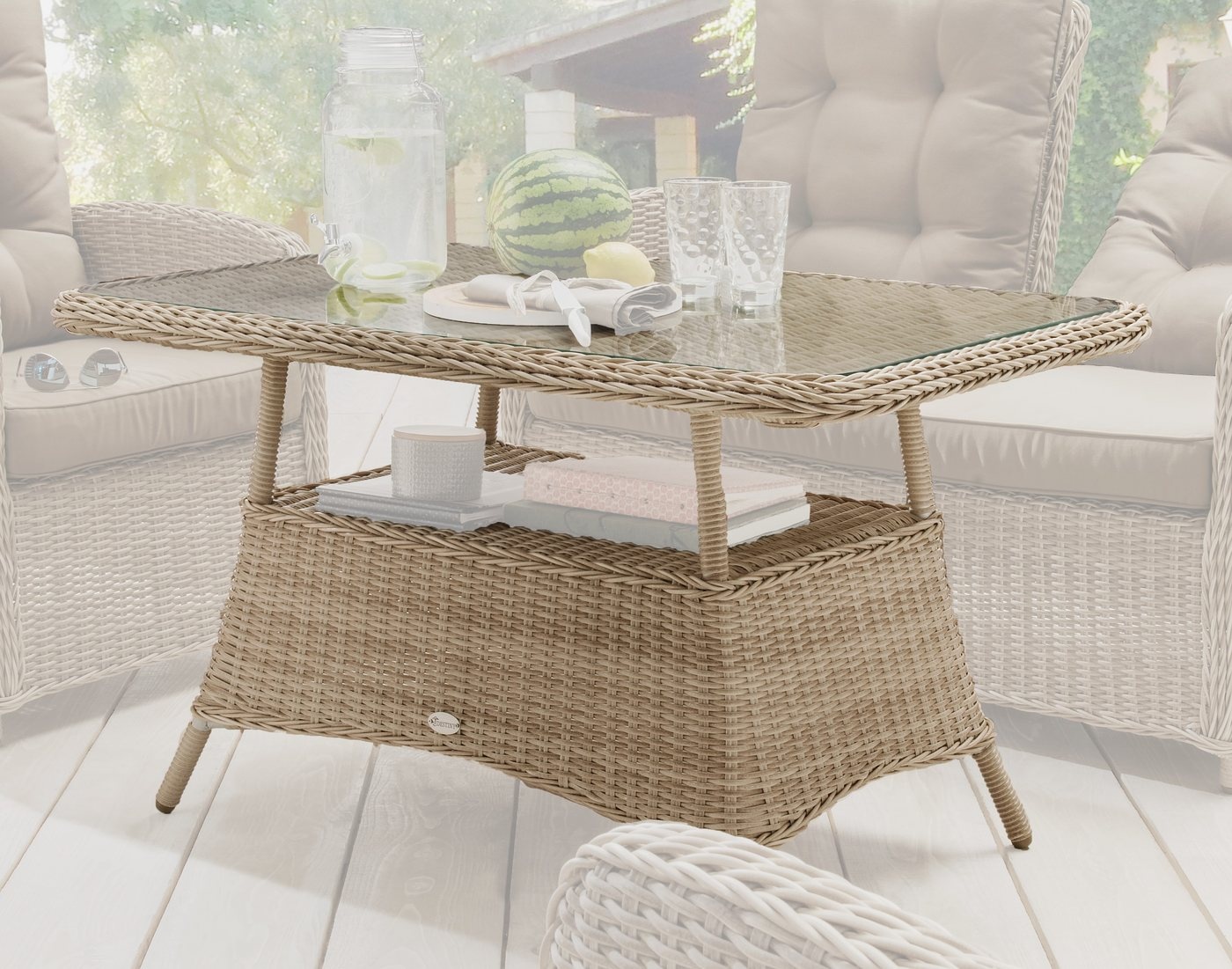 Bild von Gartentisch »MERANO«, Polyrattan, 120x77x66cm, mit aufgelegter Glasplatte, beige