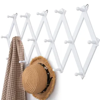 Qiannhee Wandgarderobe Holz Weiß Garderobenleiste Wandmontage mit 16 Haken Akkordeon Kleiderhaken Wand Flurgarderobe Tassenständer Hutablage Wand für Wohnzimmer Zimmer Massivholz Naturholz 80cm 100cm