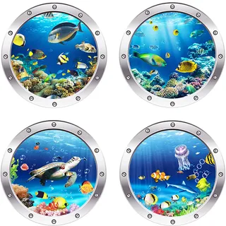 Zimoer 3D Unterwasserwelt Wandtattoo, 4 Stück Wandsticker Badezimmer Schlafzimmer Meerestiere Dekoration Bullauge Fenstersticker, Ozean-Themen Wandaufkleber für Babyzimmer Kinderzimmer Wanddeko (A)