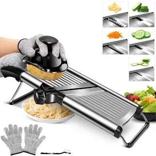 Masthome Gemüsehobel Edelstahl,Verstellbar Gemüseschneider Profi aus Edelstahl,5 in 1 Multifunktion Gemüseschneider für Gemüse, Äpfel,Zwiebel,Käse -1 Anti-Schneid-Handschuhe&1 Reinigungsbürste