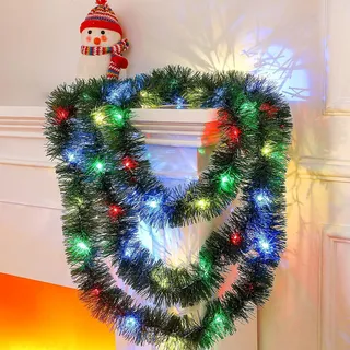 Weihnachtsgirlande mit Beleuchtung 5m Girlande Weihnachten Beleuchte Weihnachtsbaum Lametta Girlande mit LED Lichtergirlande Christmas Garland with Lights für Innen & Außen