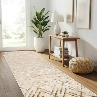 TAPISO Crystal Teppichläufer Kurzflor Glänzend Beige Gold Creme Weiß Geometrisch Streifen Dreiecke 3D Effekt Abstraktes Muster Wohnzimmer Schlafzimmer Modern Design ÖKO-TEX 80 x 300 cm