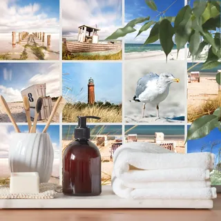 FoLIESEN Fliesenaufkleber für Bad, Küche, Badezimmer - Fliesen-Folie selbstklebend - Maritime Deko-Aufkleber - Strand-Collage, .:15x20 cm - 9-tlg.