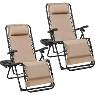 Yaheetech 2er Set Sonnenliege Liegestuhl Klappbar Gartenliege mit Kopfkissen & Becherhalter Tragbare Relaxliege für Strand/Garten/Balkon, Beige