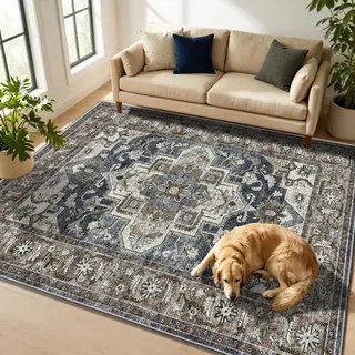 WUTONG Vintage Teppich Wohnzimmer Dunkelblau,80x120 cm Waschbarer Kurzflor Teppich,Kaschmir-Haptik Weich,Rutschfester Bettvorleger Flur,Klassisches Orient Design