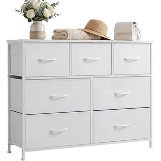 DUMOS Kommode mit Schubladen - Kommoden & Sideboards für Schlafzimmer Geeignet, Komodenschrank mit 7 Schubladen, Stoffkommode mit Stahlrahmen, Schrank Klein, Ideal für Flur, Wohnzimmer (Weiß)