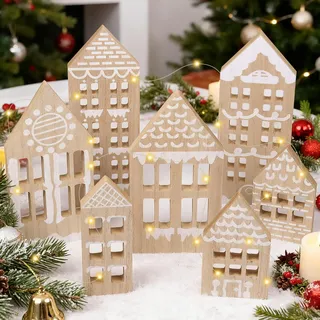 Weihnachtsdeko Holz, 7 Stück Weihnachtsdeko Häuser, Tischdeko Weihnachten Holz mit LED-Lichterkette, Weihnachtsdeko Haus, Deko Häuser Weihnachten, Weihnachtsdeko Innen Holzhaus Lichthaus Winterdeko