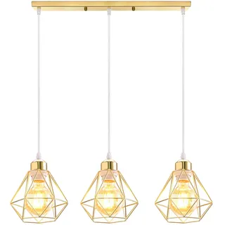 TOKIUS 3-flammig Pendelleuchte Vintage Industrial Hängelampe mit Geometrischem Design E27 Lampe aus Eisen Käfig Lampenschirm Retro Hängeleuchte für Esstisch Küche (Gold, Pendellampe, Balken)