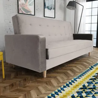 Schlafsofa im skandinavisches Stil Bamako Polstersofa mit Holzbeine Sofa mit Schlaffunktion Bettkasten Couch aus Velour, Farbe: Beige, Paros 02 - Beige