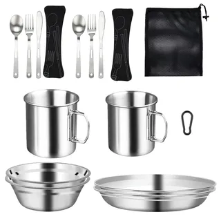 BSDLZCH 16-Teiliges Edelstahl Camping-Geschirr Set für 2 Personen | Edelstahl Besteck Set aus Schalen, Teller, Tassen, Besteck, Robustes Outdoor-Set für Backpacking, Camping, Wandern & Picknick