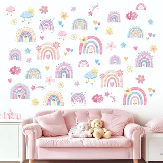 Fufuquare DIY Rosa Cartoon Regenbogen Blumen Wolken Wandaufkleber Selbstklebende Wandtattoos für Mädchenzimmer Schlafzimmer Wohnzimmer
