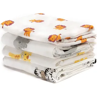 CuddleBug Mulltücher Baby, Musselin Puckdecken, 4er-Pack, Safari Freunde | Weiches Atmungsaktives Gewebe für Neugeborene 0-3 Monate, großzügige 120x120 cm als Kinderwagendecke oder Spucktuch.