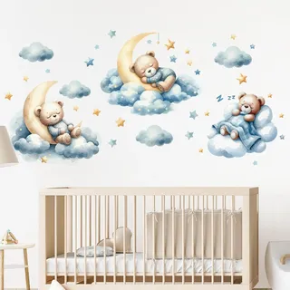 Fufuquare Hübscher Blauer Cartoon Bär Wolke Wandtattoo Tier Stern Schub- und Aufklebe Wandaufkleber für Kinderzimmer Kinder Betreuungszimmer Klassenzimmer