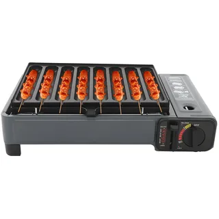 HUOMMGS 2 In 1 Camping Gasgrill Set mit Würstchen Grillplatte 2,2KW Campinggrill Tischplatte Klein Gas Grill für 8 Würstchen Outdoor Balkon Grill 42 x 26cm Koffer Gasgrill für Versammlungen