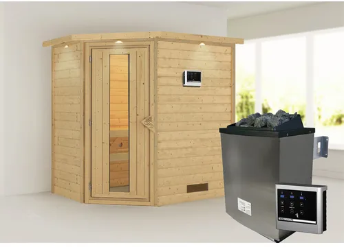Bild von Karibu Sauna Svea Eckeinstieg, 9 kW Saunaofen mit externer Steuerung, für 3 Personen - beige